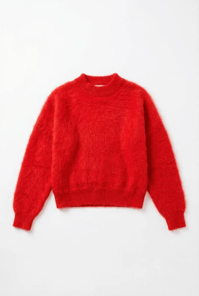 Et Tigre Lillian Red Alpaca Sweater - Front View Showing Tonal Ribbed Detail and Classic Crew Neck Silhouette