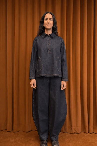 Et Tigre Louie Denim Henley - Styled Shot Paired with Erin Pant Showing Full Indigo Coordinate Denim Set