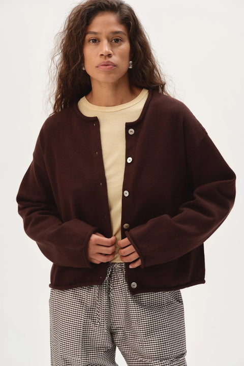 DONNI DONNI The Cotton Knit Roll Cardigan in Espresso: relaxed, organic, breathable, soft