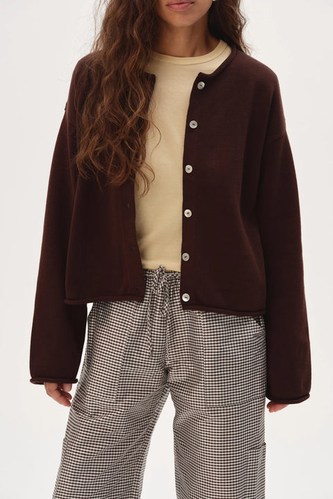 DONNI DONNI The Cotton Knit Roll Cardigan in Espresso: relaxed, organic, breathable, soft