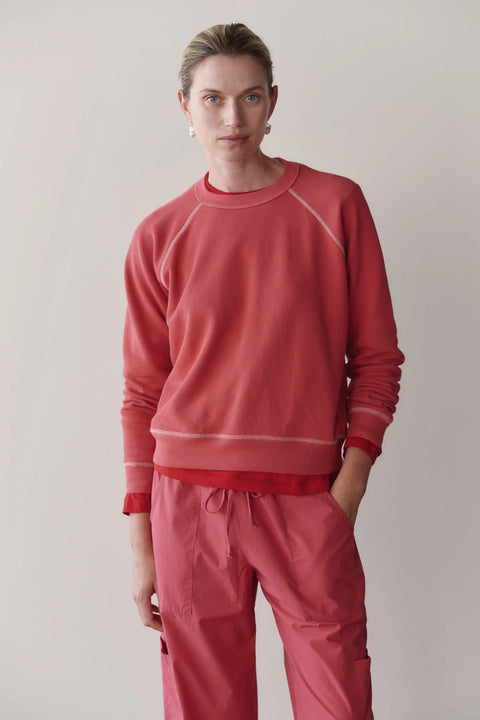 DONNI The Eco Terry Contrast Stitch Sweatshirt in Raspberry with Creme – 100% organic cotton crew neck sweatshirt with contrast stitching, made in Los Angeles