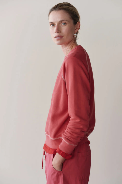 DONNI Eco Terry Contrast Stitch Sweatshirt in Raspberry and Creme – cozy sustainable crew neck sweatshirt for women