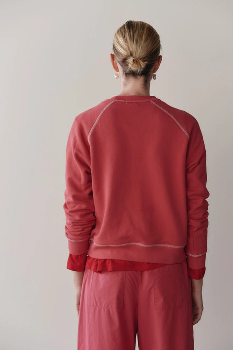 DONNI raspberry with creme sweatshirt styled as a casual everyday outfit – comfortable women's designer sweatshirt
