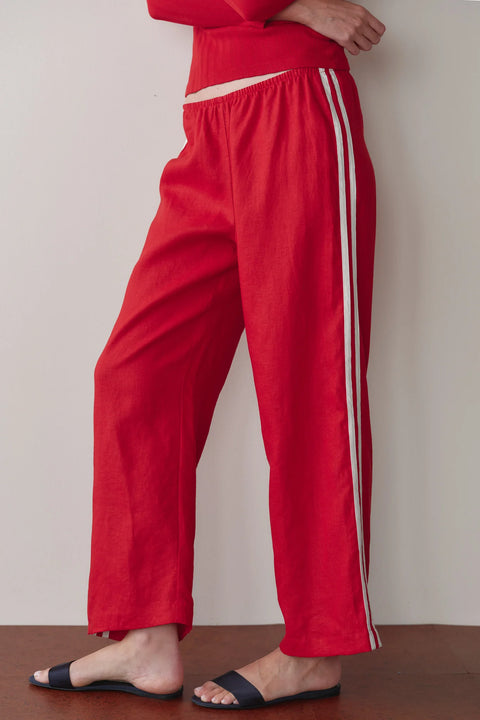 DONNI The Linen Crop Racer Stripe Pant | Bell Pepper Red