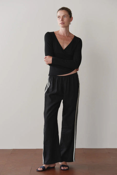 DONNI black linen wide leg crop pants with side racer stripes – relaxed fit summer pant made in USA