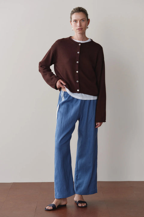 DONNI Lapis Blue Racer Stripe Pant - Front View Showing Racer Stripe Detail and Cropped Wide Leg Silhouette