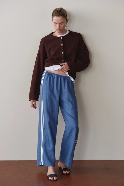 DONNI Racer Stripe Linen Pant Lapis Blue - Close-Up of 100% Linen Fabric and Racer Stripe Detail