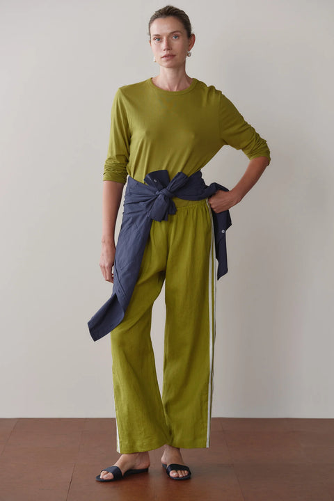 DONNI The Linen Crop Racer Stripe Pant | Pistachio Green