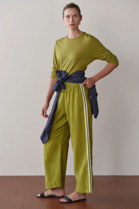 DONNI The Linen Crop Racer Stripe Pant | Pistachio Green