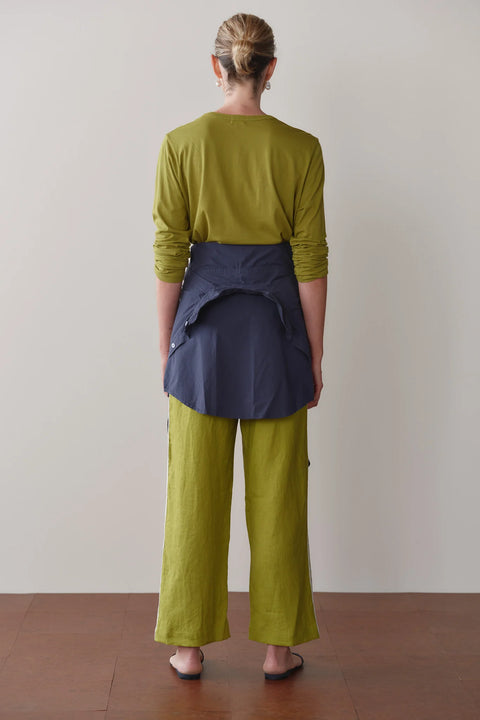 DONNI The Linen Crop Racer Stripe Pant | Pistachio Green
