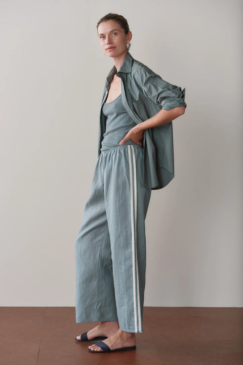 DONNI sage green linen wide leg crop pants with side racer stripes – relaxed fit summer pant made in USA