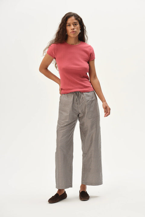 DONNI DONNI The Taffeta Gingham Cargo Pant in Espresso Gingham: cropped, everyday, silk, taffeta