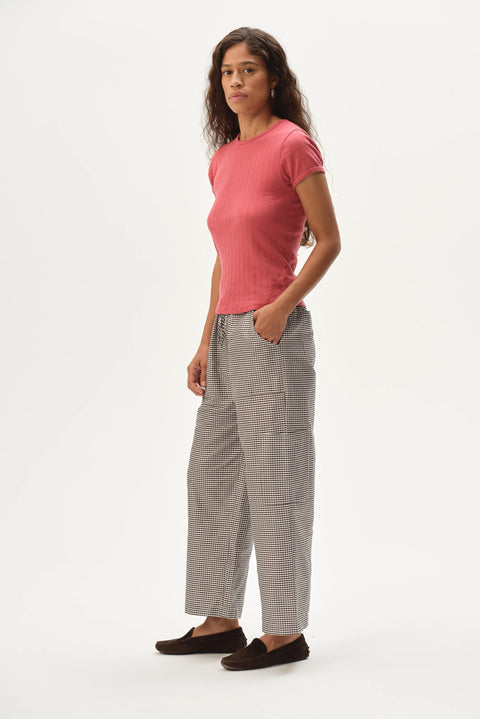 DONNI DONNI The Taffeta Gingham Cargo Pant in Espresso Gingham: cropped, everyday, silk, taffeta