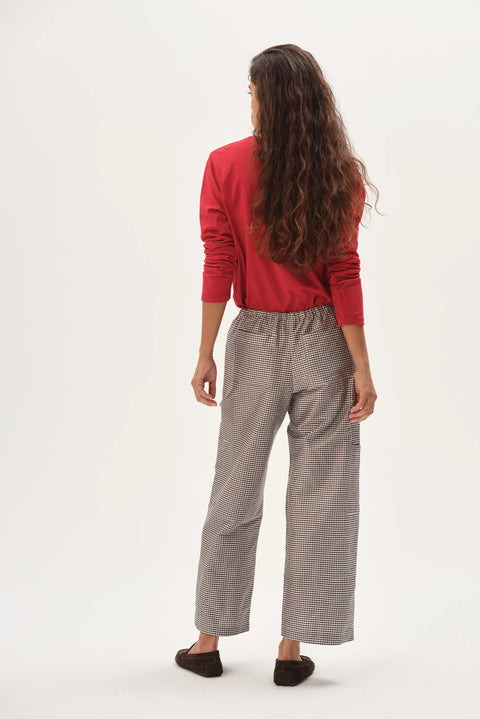 DONNI DONNI The Taffeta Gingham Cargo Pant in Espresso Gingham: cropped, everyday, silk, taffeta